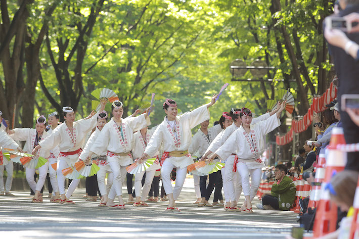 定禅寺通など市中心部で行われるすずめ踊り。参加者は毎年4,000人を超える